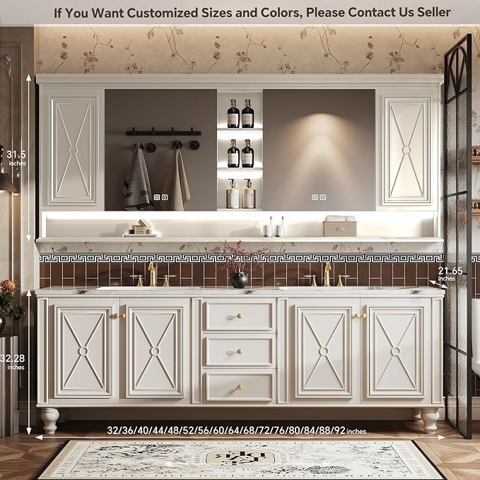 Double Sink Bathroom Vanity, Luxurious Bathroom Vanity with LED Smart Defog Mirror, Solid Freestanding Wood Vanity Sink Cabinet