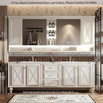 Double Sink Bathroom Vanity, Luxurious Bathroom Vanity with LED Smart Defog Mirror, Solid Freestanding Wood Vanity Sink Cabinet
