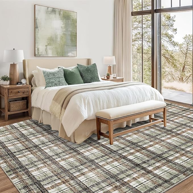 Washable Area Rugs 5x7 Rug for Living Room Modern Non Slip Throw Rugs Soft Bedroom Rug Non Shedding Low Pile Stain Resistant Carpet for Dining Room Nursery Classroom 5'x7' Celadon&Coffee