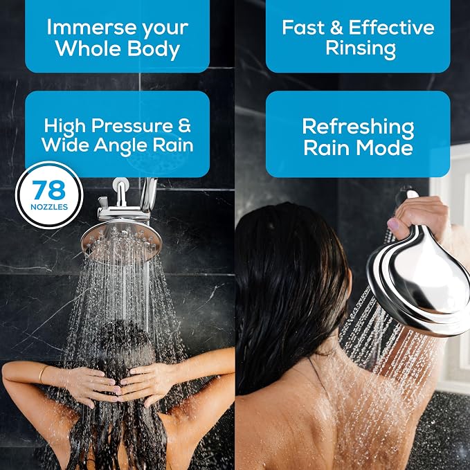 SparkPod Dual Shower Head - 8'' High Pressure 55-Mode Rain Shower Heads with Handheld Spray Combo - Rainfall, Handheld & Dual Mode - Easy Install 3-Way Showerhead with Hose & Holder (Polished Chrome)