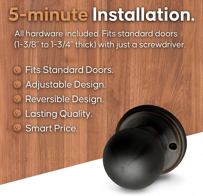 Copper Creek Dummy Interior Door Knob – ANSI Grade-3 Certified, Modern Heavy Duty Handle, Easy Install and Reversible for French Doors & Closets, Non Turning – Tuscan Bronze (1 Pack)