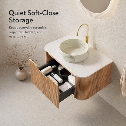 30 Inch Bathroom Vanity with Sink, Floating Wall Mounted Single Sink Vanity, Natural Woodgrain Curved Fluted Front, Stone Top, Marble-Look Round Vessel Basin, Pre-Assembled