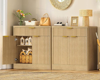 31.5" W Storage Cabinet with Drawer and Adjustable Shelf, Coffee Bar Cabinet, Fluted Sideboard Buffet Cabinet with 2 Doors for Living Room, Kitchen, Entryway, Natural