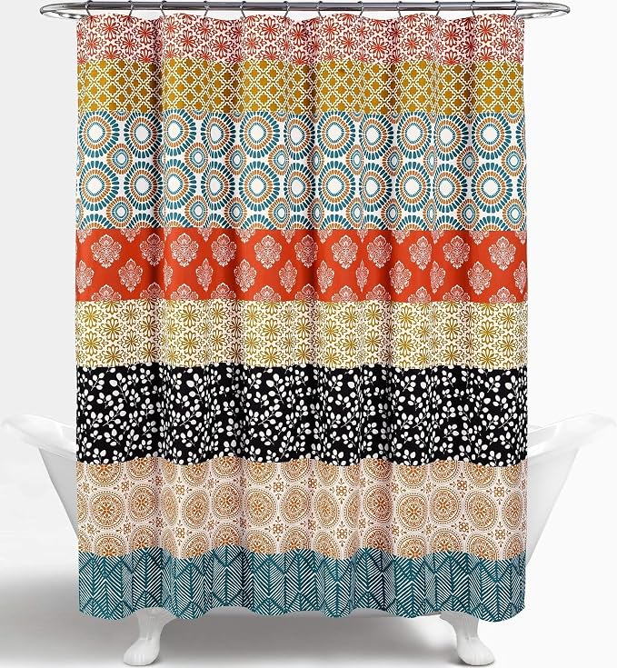 Lush Decor Bohemian Stripe Shower Curtain 72" W x 72" L Turquoise & Orange - Bathroom Curtain - Striped Shower Curtain - Boho Decor - Fabric Shower Curtains