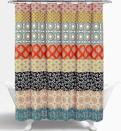 Lush Decor Bohemian Stripe Shower Curtain 72" W x 72" L Turquoise & Orange - Bathroom Curtain - Striped Shower Curtain - Boho Decor - Fabric Shower Curtains
