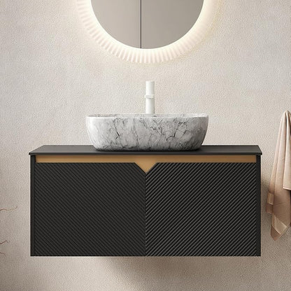 36 Inch Bathroom Vanity with Sink, Floating Fluted Vanity with Vessel Sink, Modern Bathroom Vanity Cabinet with 2 Doors with Metal Trim, Oval Marble Sink & Sintered Stone Top, Black