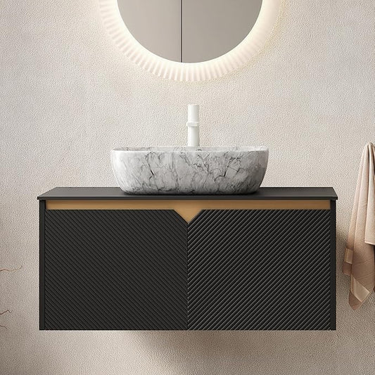 36 Inch Bathroom Vanity with Sink, Floating Fluted Vanity with Vessel Sink, Modern Bathroom Vanity Cabinet with 2 Doors with Metal Trim, Oval Marble Sink & Sintered Stone Top, Black