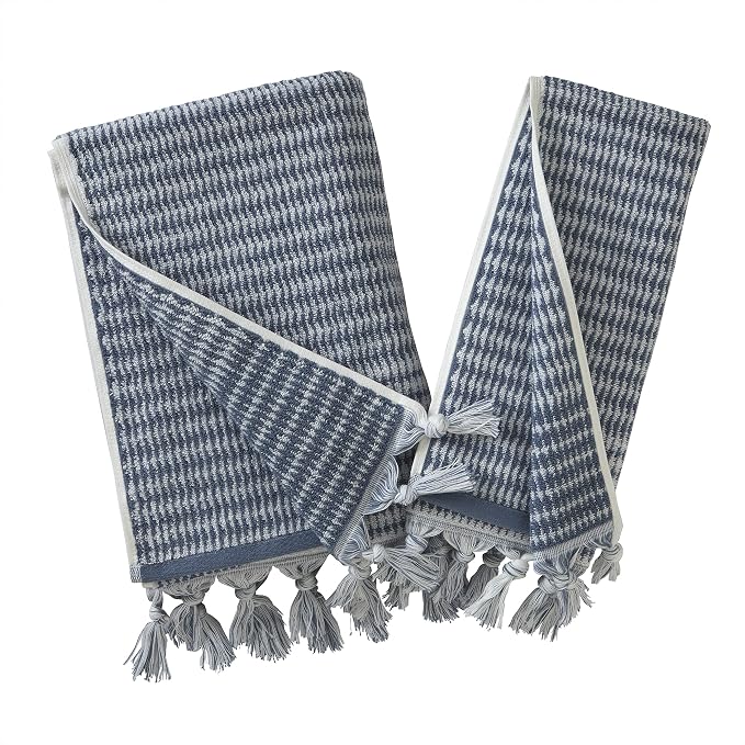 SKL Home Longborough Hand Towel Set-2pc, 100% Turkish Cotton, Denim Blue | 640 GSM weight. Spa-level quality. Soft & absorbent jacquard with tassels. For the bathroom, kitchen, bar or any sink space.