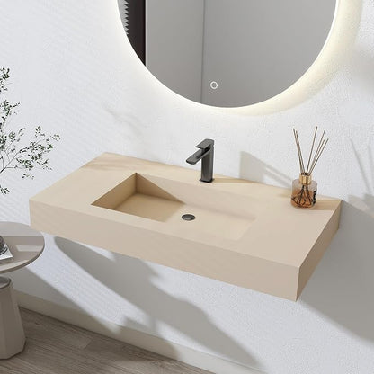 SJ STAR&JANE 35" x 19" in Solid Surface Bathroom Sink, Wall-Mount or Countertop Vessel Sink, Rectangle Floating Vanity Sink in Milk-Coffee, Pre-installed Faucet Holes, Durable Modern Design
