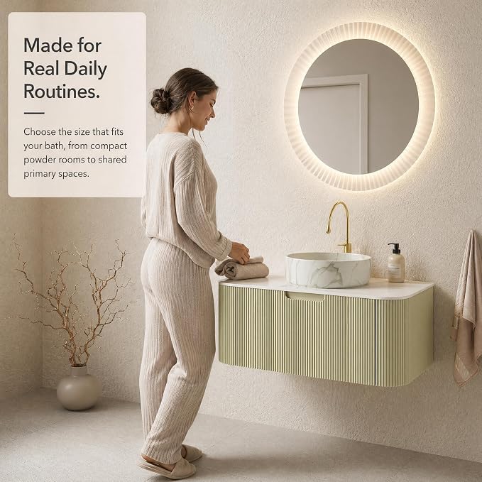 36 Inch Bathroom Vanity with Sink, Floating Wall Mounted Single Sink Vanity, Sage Green Curved Fluted Front, Stone Top, Marble-Look Round Vessel Basin, Pre-Assembled
