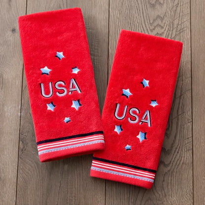 SKL Home USA Hand Towel Set-2pc, 100% Cotton, Embroidered, Red | Fun for Memorial Day, 4th of July, Labor Day & all patriotic holidays. For use in the bathroom, kitchen or bar.