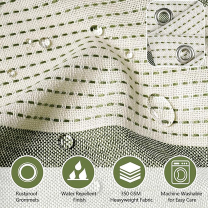 Boho Farmhouse Thick Shower Curtain with Tassels, 350GSM Cotton Linen Soft Fabric Shower Curtain Heavyweight, Sage Green Rustic Country Striped Bathroom Decor Curtain Water Repellent