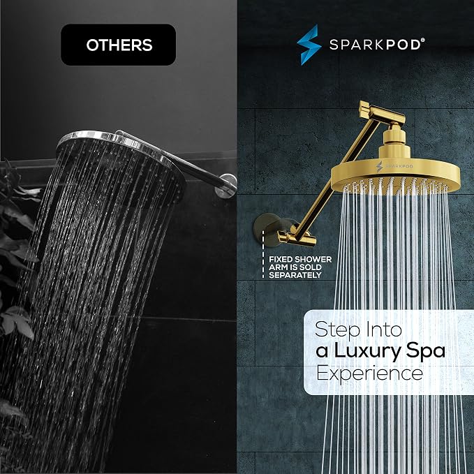 SparkPod 6" Round Rain Shower Head with 11" Shower Arm | Shower Head & Extension Arm Combo, Height Adjustable, High Pressure Performance, Easy 1-Minute Installation, Egyptian Gold