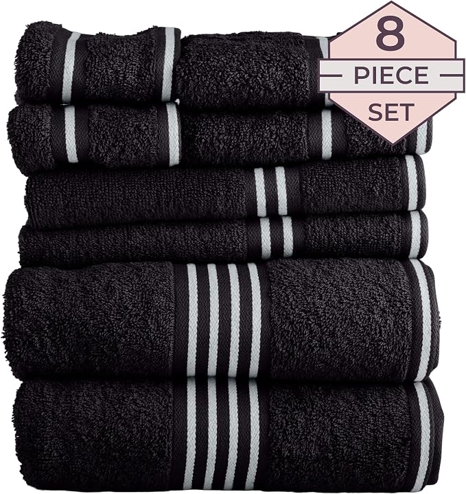 Lavish Home Bathroom Towels Set, Bathroom Essentials, Black, Set of 8 | Includes 2 Bath Sheets, 2 Hand Towels, 2 Wash Cloths, 2 Fingertip Sheets, Soft 575 GSM Cotton Set for Shower, Gym, Dorm, Spa
