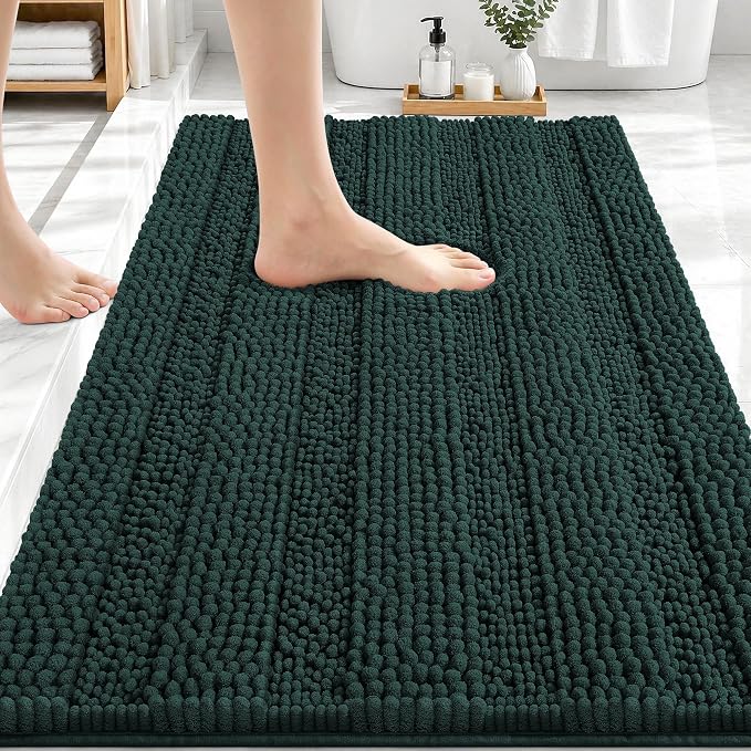 OLANLY Thick Bathroom Rugs 30x20, Soft Chenille Bath Rugs, Blackish Green | Rubber Backing, Machine Wash, Extra Absorbent Striped Bath Mats for Bathroom Floor, Tub and Shower, Home Decor Accessories