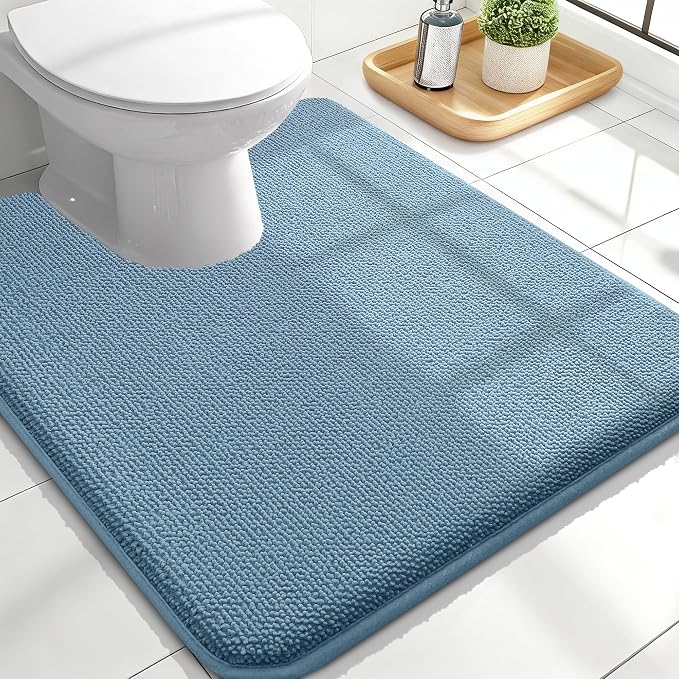 OLANLY Memory Foam Bathroom Toilet Rugs U-Shaped 24x20,Soft Mat, Airy Blue | Quick Dry Bath Rugs, Non-Slip, Machine Washable Absorbent Carpet for Bathroom Floor, Tub and Shower, Home Decor Accessories