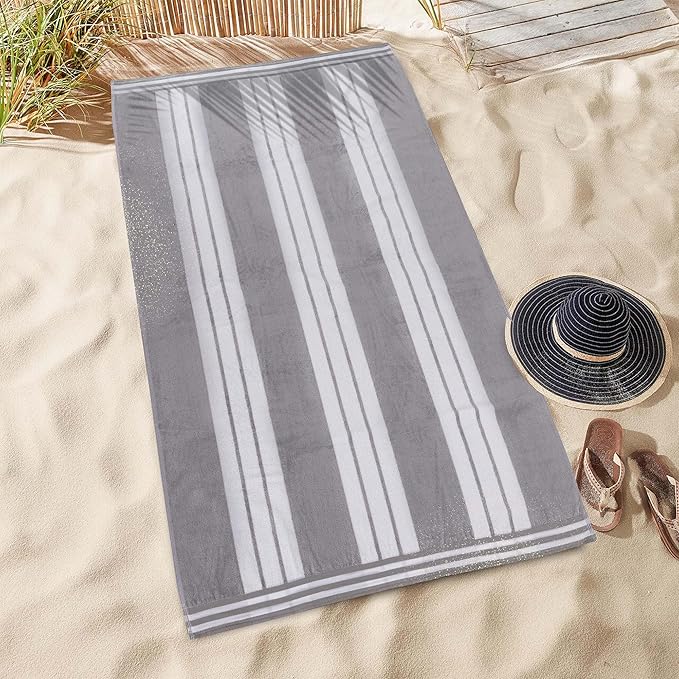 Superior Oversized Cotton Beach Towel Set of 4, Absorbent Towels for Bathroom, Beach, Pool, Swim, Adults, Kids, Vacation, Travel, Bath, Quick Dry Basics, Trip Essentials, Striped Decor, Light Grey