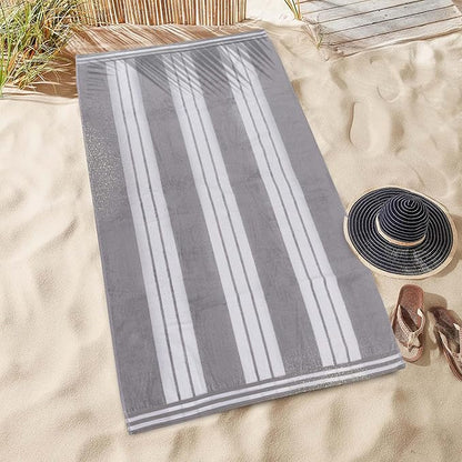 Superior Oversized Cotton Beach Towel Set of 6, Absorbent Towels for Bathroom, Beach, Pool, Swim, Adults, Kids, Vacation, Travel, Bath, Quick Dry Basics, Trip Essentials, Striped Decor, Light Grey