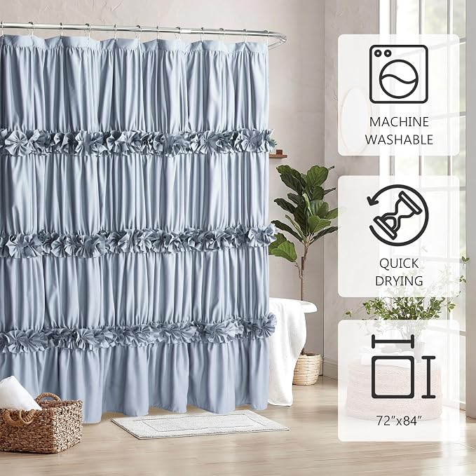Homechoice Decor Fog Blue Ruffle Shower Curtain 72“ W x 84” H | Vintage Handcrafted Bow Tie Bath Curtain for Master Bathroom, Ruched Microfiber Bathroom Curtain with 12 Buttonholes (LQ-10)