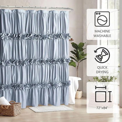 Homechoice Decor Fog Blue Ruffle Shower Curtain 72“ W x 84” H | Vintage Handcrafted Bow Tie Bath Curtain for Master Bathroom, Ruched Microfiber Bathroom Curtain with 12 Buttonholes (LQ-10)