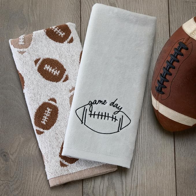 SKL Home Fall/Autumn Football Jacqaurd 100% Cotton 2pc Hand Towel Set for Bath/Kitchen/Bar & Gift, Tan