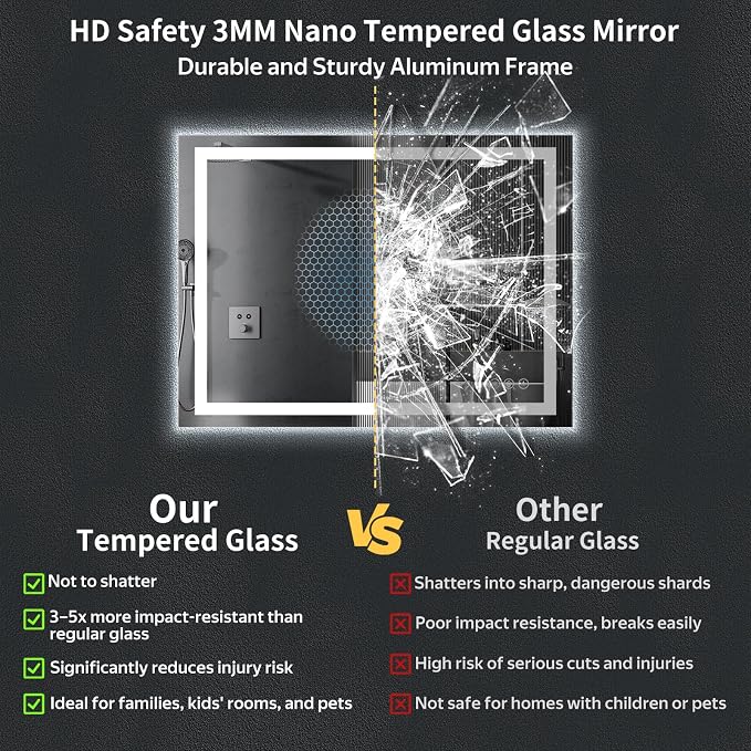 48"x36" LED Bathroom Mirror with Lights, Backlit+Frontlit, Anti-Fog | CRI 95, Stepless Dimmable, 3 Colors Lighting, Shatterproof Tempered Glass, HD Reflection, Memory, (Horizontal/Vertical)