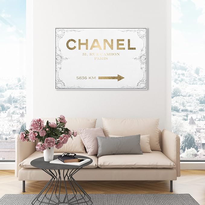 The Oliver Gal Artist Co. Typography and Quotes Contemporary Canvas Art - Couture Road Sign Rococo Gold, Wall Art for Living Room, Bedroom, and Bathroom, 45 in x 30, White and Gold Home Decor
