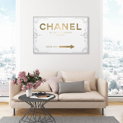 The Oliver Gal Artist Co. Typography and Quotes Contemporary Canvas Art - Couture Road Sign Rococo Gold, Wall Art for Living Room, Bedroom, and Bathroom, 45 in x 30, White and Gold Home Decor