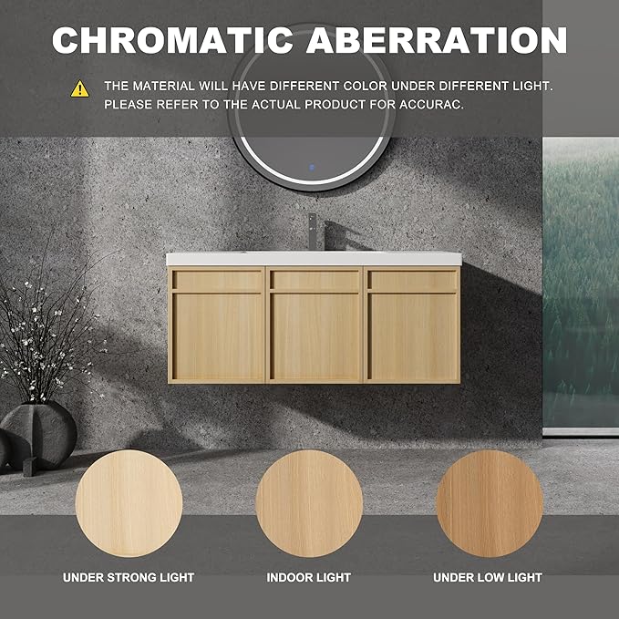 48" Wall Mounted Bathroom Vanity with Resin Sink, Floating Vanity with 3 Soft Closing Doors, Original Oak Plywood (KD-Packing)