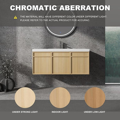 48" Wall Mounted Bathroom Vanity with Resin Sink, Floating Vanity with 3 Soft Closing Doors, Original Oak Plywood (KD-Packing)