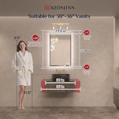 Keonjinn 24" x 36" LED Bathroom Mirror with Backlight, Elegant Beveled Edge | HD Tempered Glass, Dimmable 3 Color Lights, Quick Defogging, Secure French Cleat Installation, Wall Switch/Plug in LED Mirror