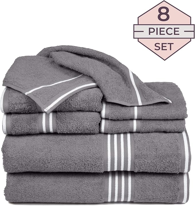Lavish Home 8PC Bathroom Towels Set - 575GSM 100% Cotton Bathroom Essentials with 2 Bath Towels, 2 Hand Cloths, 2 Wash Cloths, and 2 Fingertip Fabric for Shower, Gym, Dorm and Spa (Silver)
