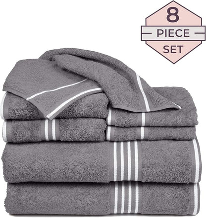 Lavish Home 8PC Bathroom Towels Set - 575GSM 100% Cotton Bathroom Essentials with 2 Bath Towels, 2 Hand Cloths, 2 Wash Cloths, and 2 Fingertip Fabric for Shower, Gym, Dorm and Spa (Silver)