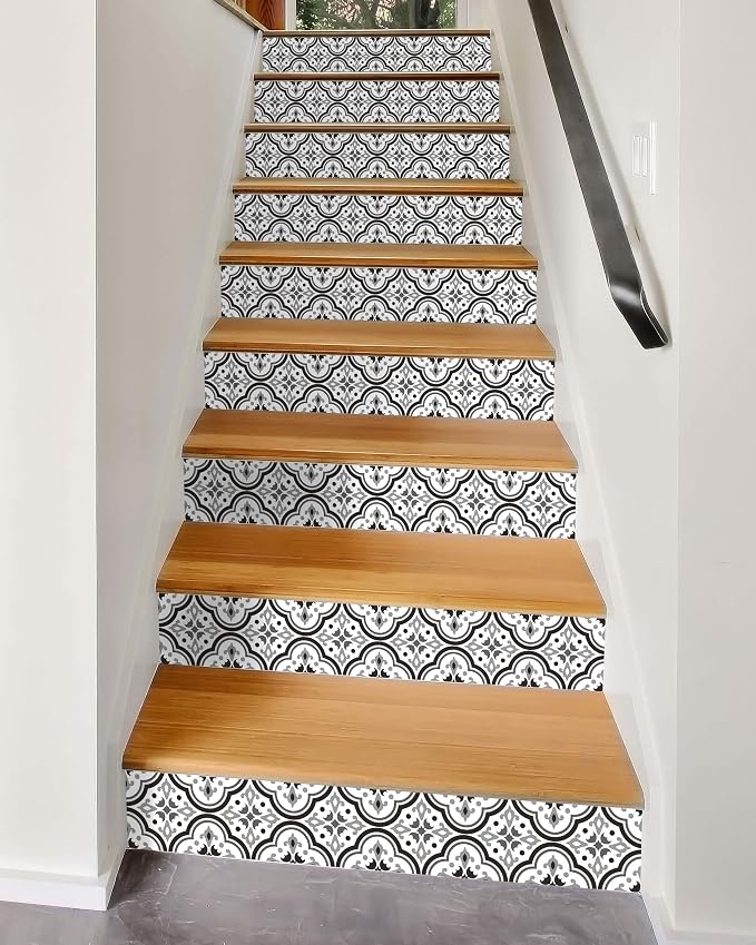 FLFK Black Patterns Stair Stickers - Set of 15, Peel and Stick Stair Riser Decals, 39.3"x7.08"