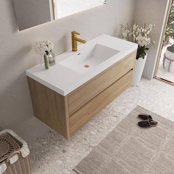 Abruzzo 48" Natural Oak Wall-Mounted Bathroom Vanity with Sink Stone Resin Countertop & Soft-Close Drawers, Waterproof Wood Cabinet for Small Bathrooms
