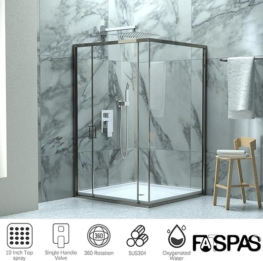 Shower Faucet Set, Shower System with 10 Inch Rain Showerhead and Handheld Shower, Wall Mounted High-Pressure Showerhead Combo Set Included Valve and Trim, Polished Chrome