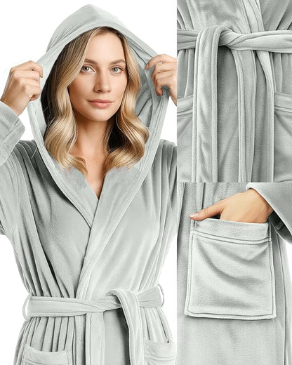 NY Threads Women's Fleece Hooded Bathrobe Plush Long Spa Robe, Medium