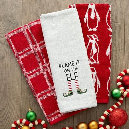 SKL Home Christmas Blame It On The Elf Hand Towel Set-2pc, Gray | 100% Cotton. Soft, embroidered velour. Great for the bathroom, kitchen or bar & holiday gifting.