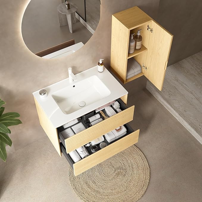 12" Wall-Mounted Floating Striped Bathroom Vanity Side Cabinet with a Door and a Shelf, (Suitable for Sedona Bathroom Vanity), Light Oak