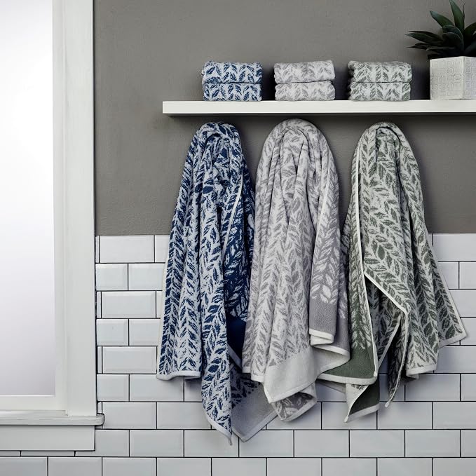 SKL Home Distressed Leaves Bath Towel Set-4pc, 100% Turkish Cotton, Gray | 2 Bath towels, 2 hand towels. 600 GSM weight. Spa-level quality. Soft & absorbent, reversible jacquard.