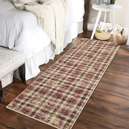 Washable Runner Rug 2x8 Modern Christmas Entryway Rug Tartan Plaid Non Slip Kitchen Rugs Rustic Bedroom Area Rug Hallway Runners Soft Carpet Bath Mat Stain Resistant Throw Rugs for Laundry Red