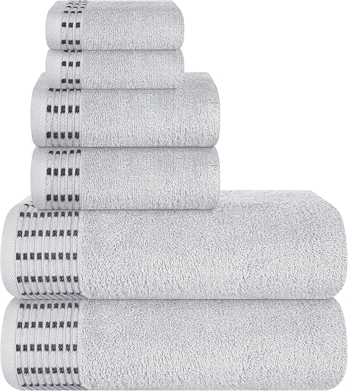 Ultra Soft 6 Pack Cotton Towel Set, Contains 2 Bath Towels 28x55 inch, 2 Hand Towels 16x24 inch & 2 Wash Cloths 12x12 inch, Ideal Everyday use, Compact & Lightweight - Light Grey