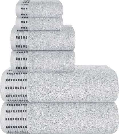 Ultra Soft 6 Pack Cotton Towel Set, Contains 2 Bath Towels 28x55 inch, 2 Hand Towels 16x24 inch & 2 Wash Cloths 12x12 inch, Ideal Everyday use, Compact & Lightweight - Light Grey
