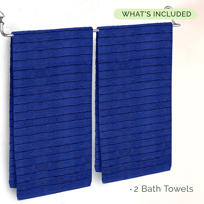 Elegant Comfort 100% Turkish Cotton Corduroy Ribbed Luxury Soft 2 Pack Bath Towels 27 x 54 Inch - Ultra Plush, Absorbent, Quick Dry, Hotel Spa Quality Towels for Bathroom Essentials, Royal Blue