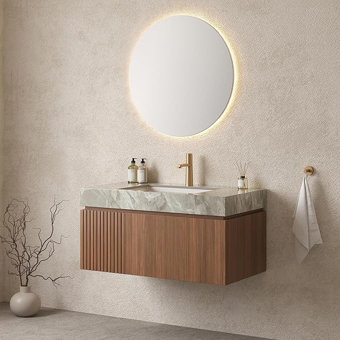 Ambrovina 36" Floating Bathroom Vanity with Sink, Modern Plywood Bathroom Storage Cabinet with Drawer and Door, Light Gray Sintered Stone Countertop and White Ceramic Basin, Pre-Assembled, Dark Oak