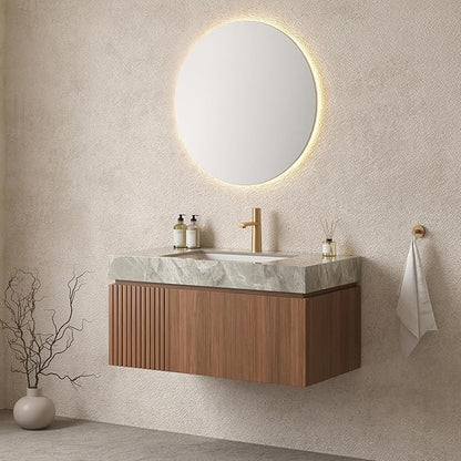 Ambrovina 36" Floating Bathroom Vanity with Sink, Modern Plywood Bathroom Storage Cabinet with Drawer and Door, Light Gray Sintered Stone Countertop and White Ceramic Basin, Pre-Assembled, Dark Oak