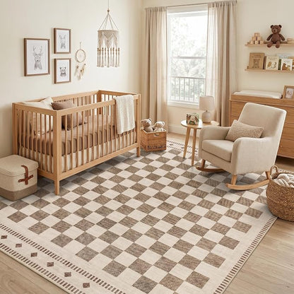 Garvee Washable 5x7 Rugs for Living Room Beige Checkered Non Slip | Low Pile Bedroom Rugs Geometric Low Pile Stain Resistant Carpet for Nursery Office Dining Room Classroom 5'x7' Beige