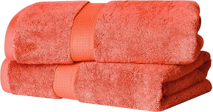Superior Egyptian Cotton Plush & Absorbent, Bath Towel Set of 2, Coral | Quick Dry, Soft Luxury Towel Set, Bath Essentials for Bathroom, Guest Bath, Spa, 2 Piece Bath, Madeline Towels