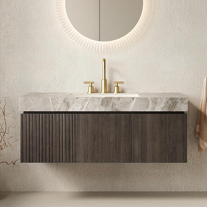 48” Floating Bathroom Vanity with Sink, Wall-Mounted Cabinet with Drawer & Doors, Gray Travertine-Pattern Sintered Stone Top, Undermount Basin, 3 Faucet Hole, Soft-Close, Pre-Assembled, Dark Oak