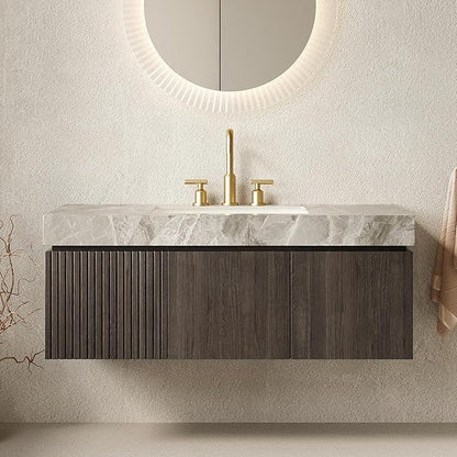 48” Floating Bathroom Vanity with Sink, Wall-Mounted Cabinet with Drawer & Doors, Gray Travertine-Pattern Sintered Stone Top, Undermount Basin, 3 Faucet Hole, Soft-Close, Pre-Assembled, Dark Oak